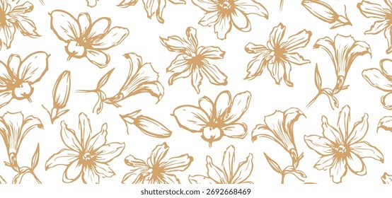 Estilo de boceto minimalista de patrón sin costuras de flores. Patrón floral Abstractas con flores monocromáticas de arte de línea para tela, textil, papel de regalo, póster, Anuncio, arte de la pared, fondo. Ilustración vectorial.
