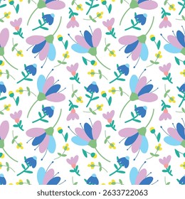 Flowers with a seamless pattern. Naive flowers and leaves, hand-drawn. Vector textile design for summer holidays, wallpaper, background, print.