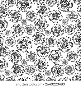 Flowers with a seamless pattern. Naive flowers and leaves, hand-drawn. Vector textile design for summer holidays, wallpaper, background, print.