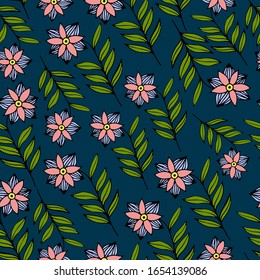 Blumen nahtloses Muster auf blauem Hintergrund. Handgezeichnete Doodle-Blumen.
 Vektorillustration einer Blume. Skizze
Element für Grafik und Web Design.