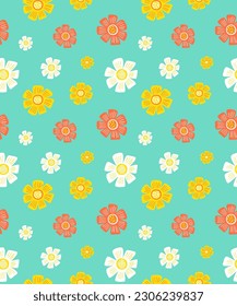 Flowers seamless pattern on blue background. Cartoon flowers print for kid textile, fashion clothes, wrapping paper. 70s style flowers Endless blossom ornament. Dandelion bloom repeat background