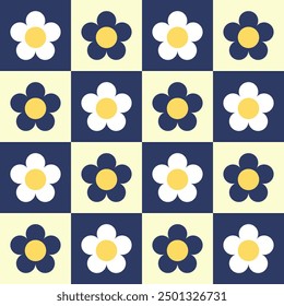 Flowers seamless pattern on checkerboard background 