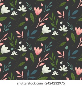 Flowers seamless pattern on dark background 
