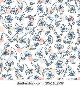 Flowers seamless pattern on spotted background. Perfect for scrapbooking, greeting card, textile and prints. Hand drawn vector illustration for decor and design. 

