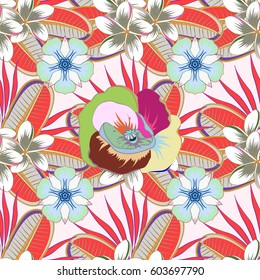 Flowers seamless pattern in orange and blue colors. Cute vector floral background.