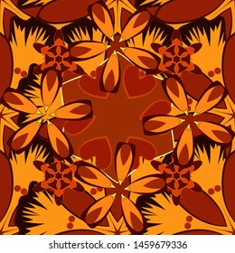 Flowers seamless pattern in orange, yellow and brown colors. Cute vector floral background.