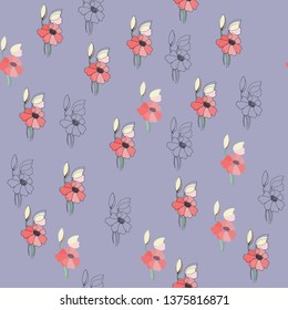 Flowers seamless pattern for paper, textile printing and web projects. Blue background