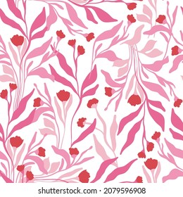 Flowers seamless pattern. Pink color. Modern trendy Matisse minimal style. 