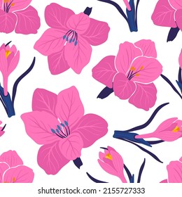 Flowers seamless pattern. Pink color. Modern trendy Matisse minimal style. 