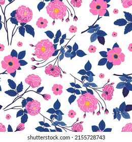 Flowers seamless pattern. Pink color. Modern trendy Matisse minimal style. 