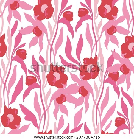 Flowers seamless pattern. Pink color. Modern trendy Matisse minimal style. 