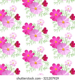 Flowers seamless pattern with pink flowers on white background. Vector illustration.
