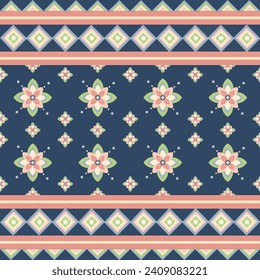 Flowers seamless pattern with the pink and triangle border and the navy color background, vector pattern, seamless pattern, floral pattern.