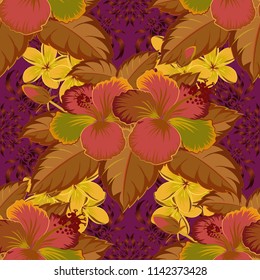 Flowers seamless pattern in purple, brown and yellow colors. Cute vector floral background.