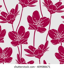 Flowers seamless pattern. Purple flowers on grey background. 