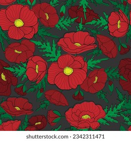 Flowers seamless pattern. Red poppies on dark background. Floral print for textile, wallpapers, fabric and wrapping paper. Vector illustration