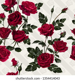 Flowers seamless pattern. Red roses and leaves.