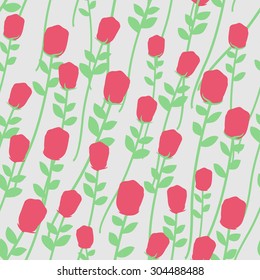 Flowers seamless pattern. Red roses with green stems. Floral Retro background.