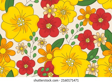 Flowers seamless pattern. Repeating image for printing on bed linen. Spring and plants, foliage and beautiful image for printing on wrapping paper. Flora and botany. Cartoon flat vector illustration