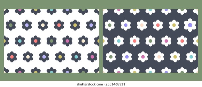 Flowers seamless pattern set. Cartoon outline template for decoration, wallpaper, textiles, printing, romantic art. Repeat background with cute simple floral elements. Holiday design. Vector 