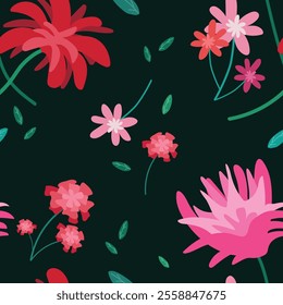 Flowers seamless pattern. Simple cute drawing flowers seamless pattern with floral, tropical, botanical for background, backdrop, fabrics, textiles, fiber, wallpaper and print in vector flowers style.