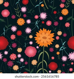 Flowers seamless pattern. Simple cute drawing flowers seamless pattern with floral, tropical, botanical for background, backdrop, fabrics, textiles, fiber, wallpaper and print in vector flowers style.