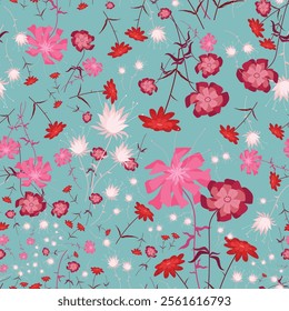 Flowers seamless pattern. Simple cute drawing flowers seamless pattern with floral, tropical, botanical for background, backdrop, fabrics, textiles, fiber, wallpaper and print in vector flowers style.