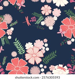 Flowers seamless pattern. Simple cute drawing flowers seamless pattern with floral, tropical, botanical for background, backdrop, fabrics, textiles, fiber, wallpaper and print in vector flowers style.
