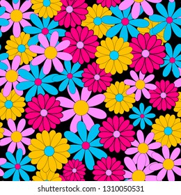 Flowers - seamless pattern. Simple multi-colored flower buds on a black background. Bright contrasting colors.