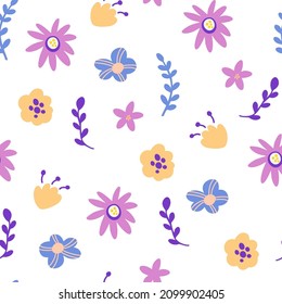Flowers seamless pattern. Spring floral background. Creative blooming texture. Great for fabric, textile. Vector cartoon Illustration