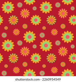 Flowers seamless pattern, summer prints, colorful abstract floral shapes on red background, vector illustration, wallpaper, packaging, textile.