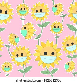 Flowers seamless pattern, Sunflowers cartoon characters wear a face masks on a pink wallpaper.	
