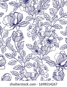 Flowers seamless pattern texture. Blue ink outline on white background. Blooming spring summer line flowers. Vector design illustration for fashion, decoration, fabric, textile.