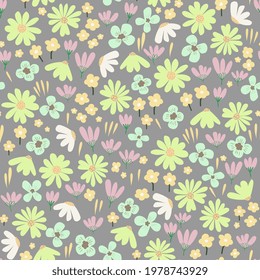 Flowers seamless pattern. Trendy floral background, doodle style. Children's, summer pattern.