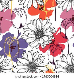 Flowers seamless pattern. Tulip and daisy floral background