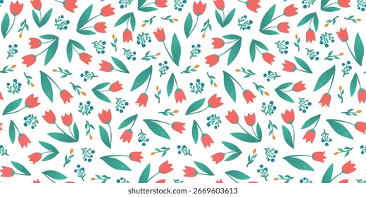Blumen nahtlose Muster mit Tulpen und Beeren auf weißem Hintergrund für Tapeten, Stoffdrucke, Scrapbooking, Umhüllungspapier, Kindergarten Dekor, stationär, digitales Papier, etc. EPS 10