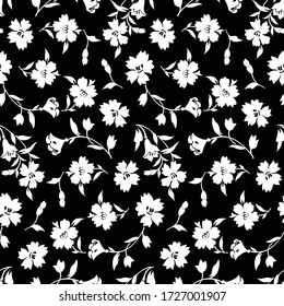 Flowers seamless pattern, vector, black and white