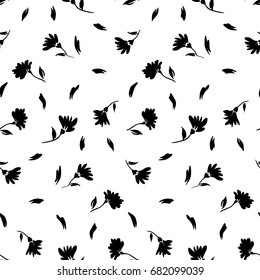 Flowers seamless pattern, vector, black and white