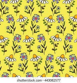 Flowers seamless pattern, vector. Camomiles and cornflowers.