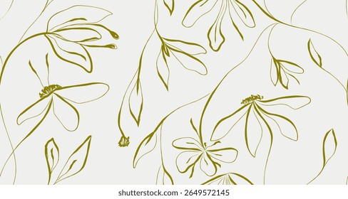 Flowers Seamless Pattern. Vector Floral Template Design Minimalist Style. Monochrome Minimal Trendy Contemporary Botanical Design for Prints, Textile, Fabric, Posters, Invitations, Branding. Not AI
