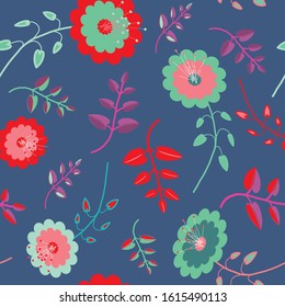 Flowers seamless pattern. Vector illustration of cute flowers on blue background