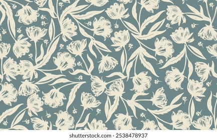 Flores Ilustração De Vetor De Padrão Sem Costura. Resumo Flores Desenho de Ornamento de Contorno Floral. Padrão sem emenda botânico com plantas Grunge no fundo azul