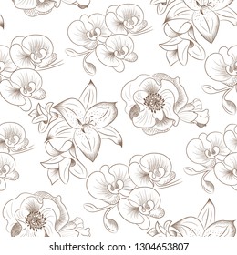 Flowers seamless pattern. Vintage drawing on wite background. Vector Illustration victorian epoha. Background for the holidays. Modern design for paper, covers, fabrics, interiors, etc.