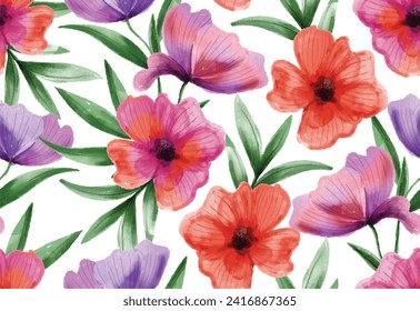 Flowers seamless pattern, watercolor hand drawn poppies. Floral abstract background with big bright flowers. Spring, Summer vector illustration for print textile, fabric, and wrapping paper. 