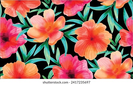 Flores sin fisuras, acuarela flora dibujada a mano. Fondo floral abstracto con grandes flores brillantes sobre negro. Ilustración vectorial primavera, verano para papel de impresión textil, tejido y envoltura. 