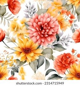 Flowers Seamless pattern with watercolor.Design for fabric and wallpaper, vintage style.Hand drawn floral pattern illustration.Blooming flower painting for summer.