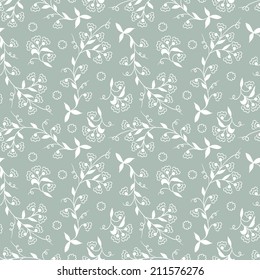 Flowers seamless pattern. White floral ornament on blue background.