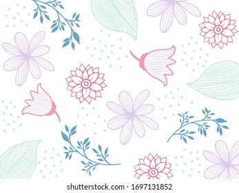 Flowers seamless pattern. White silhouettes flowers, leafs, branches on dark blue background. Vector illustration.