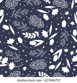 Flowers seamless pattern. White silhouettes flowers, leafs, branches on dark blue background. Vector illustration.