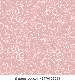 Flowers seamless pattern. White simple flowers in line technique on pink background. White single line flowers graphics on pink background. Decorative print for wallpaper, wrapping, pajama, linen, 